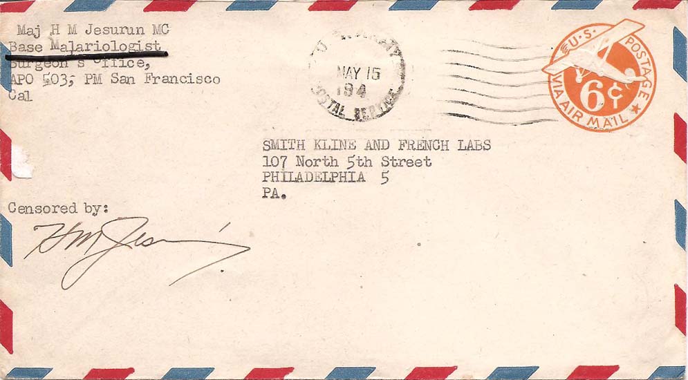 APO 503, Base Malariologist, 15 May 194 APO 503, Base Malariologist, 15 May 194